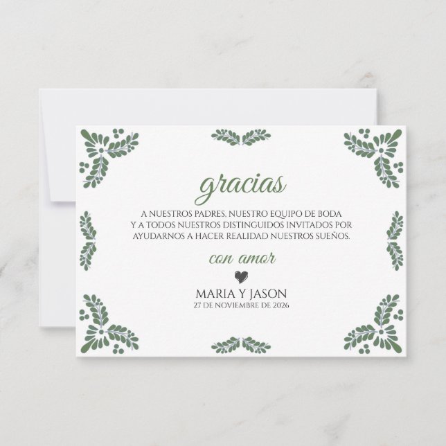 Tarjeta De Agradecimiento Talavera Green Floral Minimalist Spanish Wedding (Anverso)