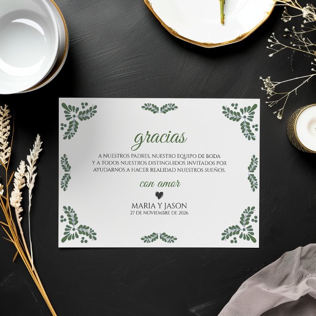 Tarjeta De Agradecimiento Talavera Green Floral Minimalist Spanish Wedding (Talavera Green Floral Minimalist Spanish Wedding Thank You Card)