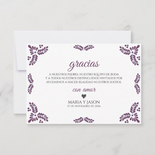 Tarjeta De Agradecimiento Talavera Purple Floral Minimalist Spanish Wedding (Anverso)