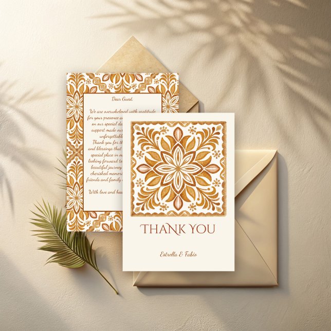 Tarjeta De Agradecimiento Talavera terracotta vintage boda mexicana (Talavera terracotta vintage Mexican wedding Thank You Cards mustard folk art thank you cards)