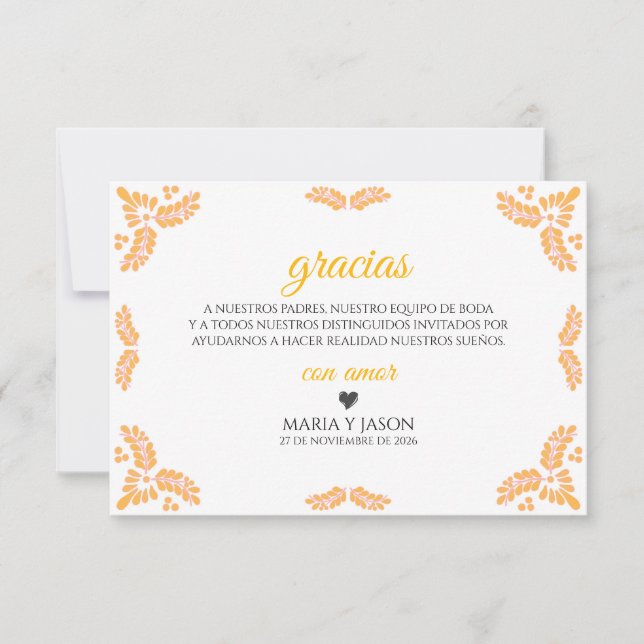 Tarjeta De Agradecimiento Talavera Yellow Floral Minimalist Spanish Wedding (Anverso)