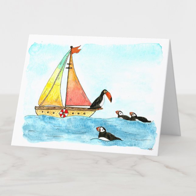 Tarjeta De Agradecimiento También se puede, acuarela toscana y puffins en bl (Subido por el creador)