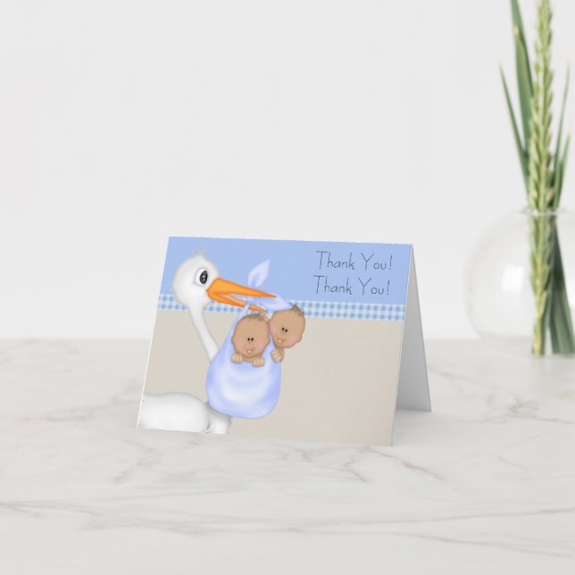 Tarjeta De Agradecimiento Tan Blue Stork Twin Baby Boy Gracias Cartas (Anverso)