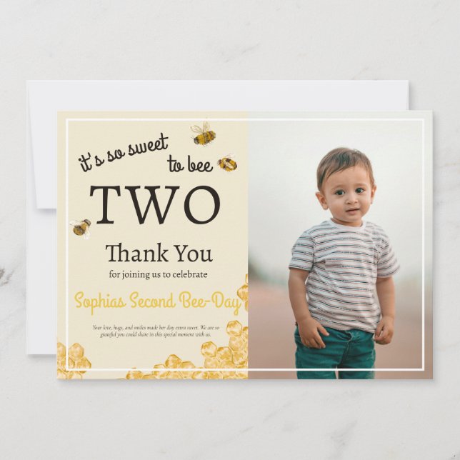 Tarjeta De Agradecimiento Tan Dulce Ser Abeja Dos 2do Cumpleaños Foto de Abe (Anverso)