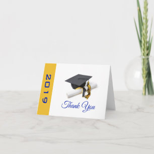 Tarjeta De Agradecimiento Tapa de graduación azul y amarilla y tassel