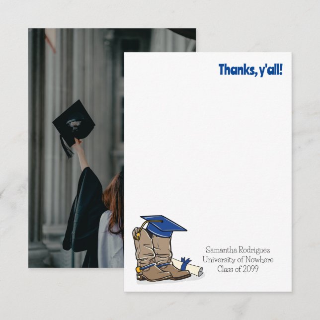 Tarjeta De Agradecimiento Tapa de graduación azul y funda de bovino (Anverso / Reverso)