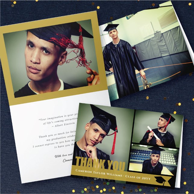 Tarjeta De Agradecimiento Tapón de graduación de cinta dorada superpuesta mo (Overlay Gold Ribbon Graduation Cap Cut Out Modern 3 Photo Thank You Card @ zazzle.com/color_therapy)