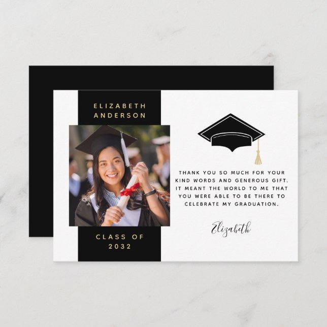 Tarjeta De Agradecimiento Tapón de graduación de foto de oro negro (Anverso / Reverso)