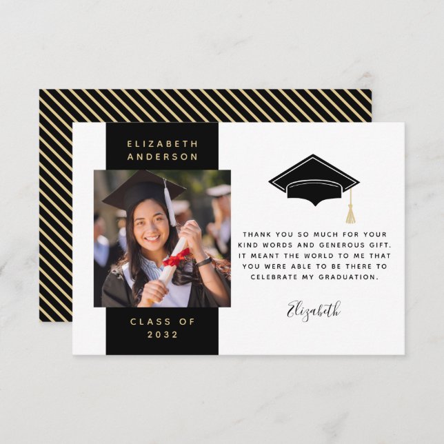 Tarjeta De Agradecimiento Tapón de graduación de foto de oro negro (Anverso / Reverso)