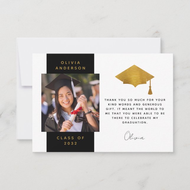 Tarjeta De Agradecimiento Tapón de graduación de foto de Relieve metalizado  (Anverso)