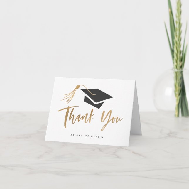 Tarjeta De Agradecimiento Tapón de graduación y Relieve metalizado dorado Ta (Anverso)