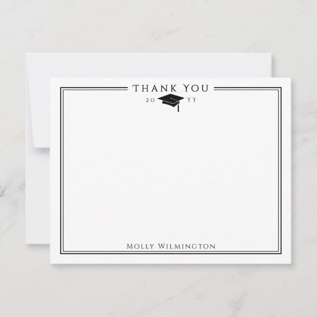 Tarjeta De Agradecimiento Tapón elegante de graduación negro y blanco (Anverso)