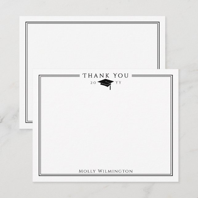 Tarjeta De Agradecimiento Tapón elegante de graduación negro y blanco (Anverso / Reverso)