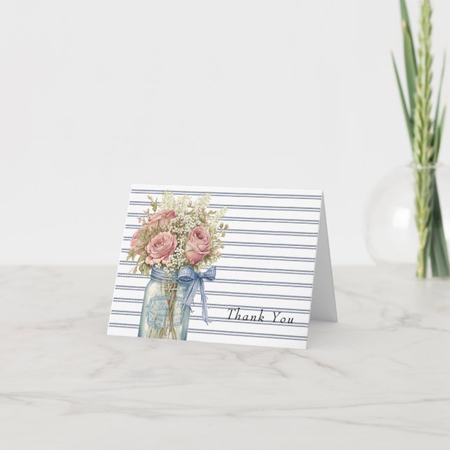 Tarjeta De Agradecimiento Tarrito de Mason | Rosas Rosadas  (Anverso)