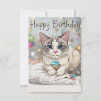 Tarjeta De Agradecimiento Tarta de Cumpleaños Azul Gatito Adorable