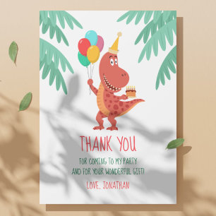 Tarjeta De Agradecimiento Tarta Globos Sombrero Cumpleaños Dinosaurio Bonito