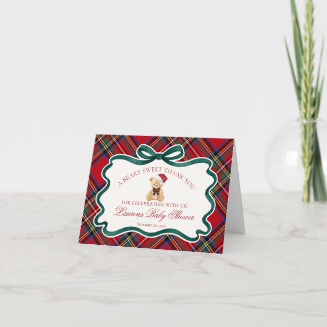 Tarjeta De Agradecimiento Tartan Plaid Christmas Bear Baby Thank You Card  (Anverso)