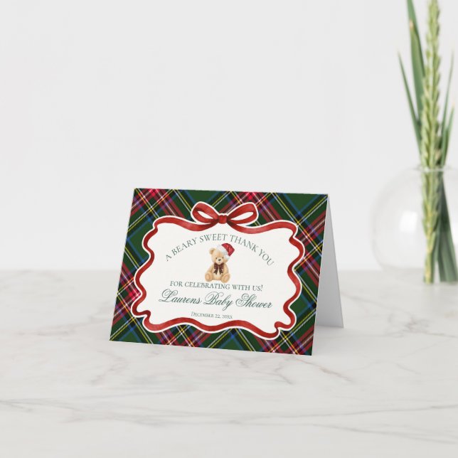 Tarjeta De Agradecimiento Tartan Plaid Christmas Bear Baby Thank You Card  (Anverso)