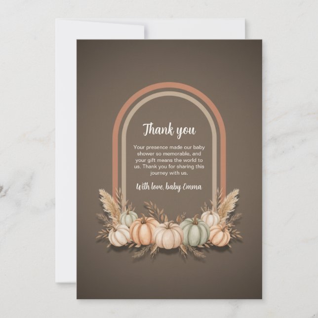 Tarjeta De Agradecimiento Taupe Boho Arch Pumpkin Fall Baby Shower Gracias (Anverso)