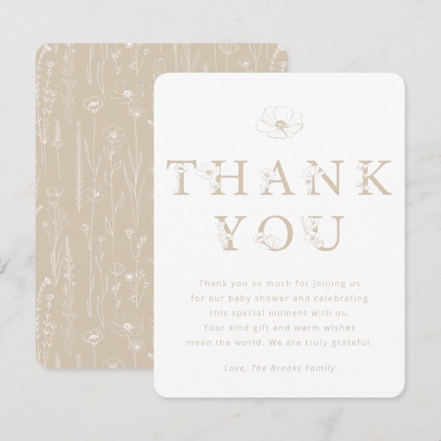 Tarjeta De Agradecimiento Taupe Floral Thank You Card | Baby Shower (Anverso / Reverso)