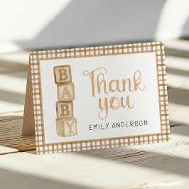 Tarjeta De Agradecimiento Taupe Gingham Baby Thank You Card | Blocks