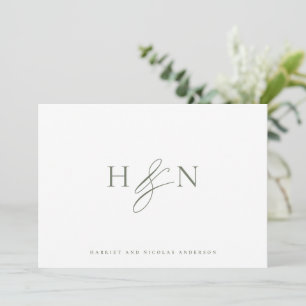 Tarjeta De Agradecimiento Taupe Green Elegant Monograma Boda