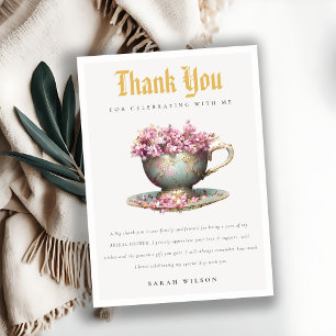 Tarjeta De Agradecimiento Taza de té floral de oro rosa para fiesta de té de
