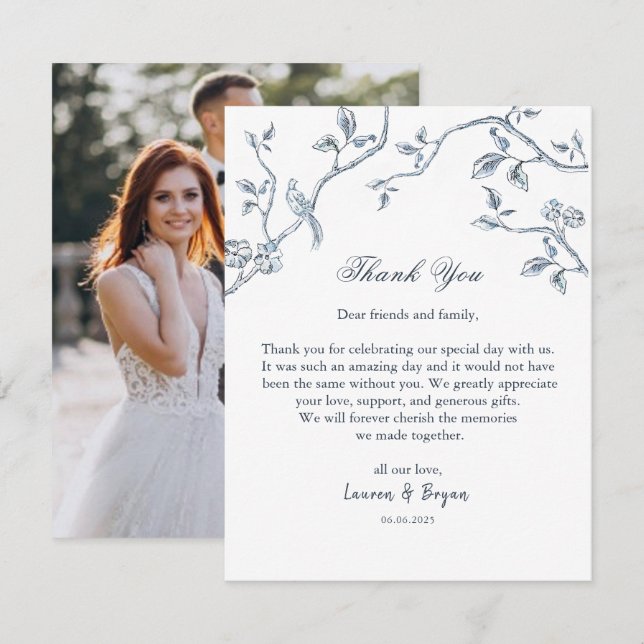 Tarjeta De Agradecimiento Taza plana de boda de Toile francés azul y blanco (Anverso / Reverso)