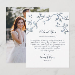 Tarjeta De Agradecimiento Taza plana de boda de Toile francés azul y blanco