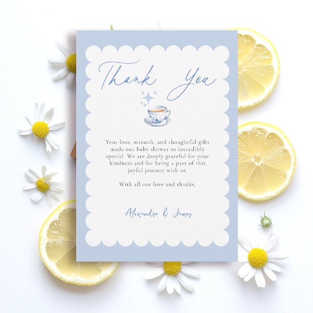 Tarjeta De Agradecimiento Tea Brewing Script Blue Theme Script Baby Shower (boy baby shower thank you card tea brewing theme blue watercolor elegant modern stylish classy)