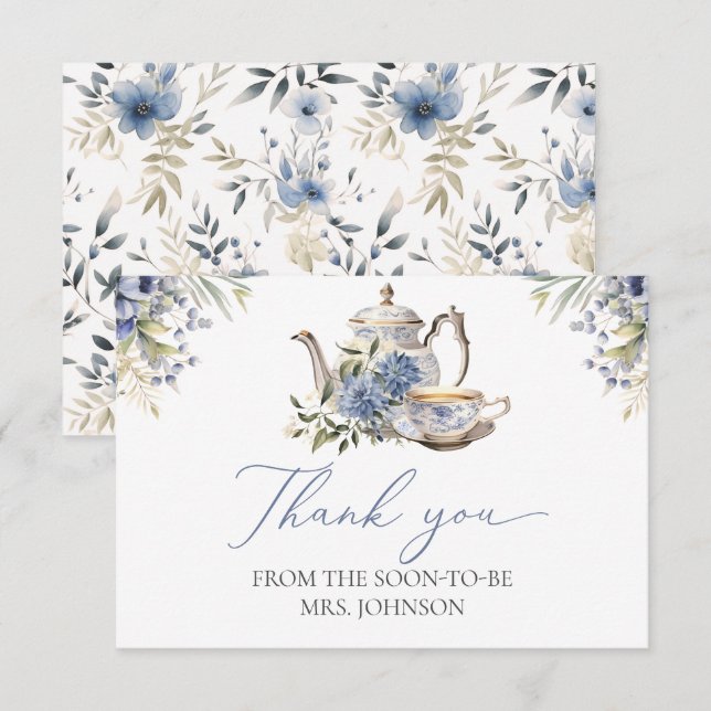 Tarjeta De Agradecimiento Tea Fiesta Blue Floral acuática Bridal Shower (Anverso / Reverso)
