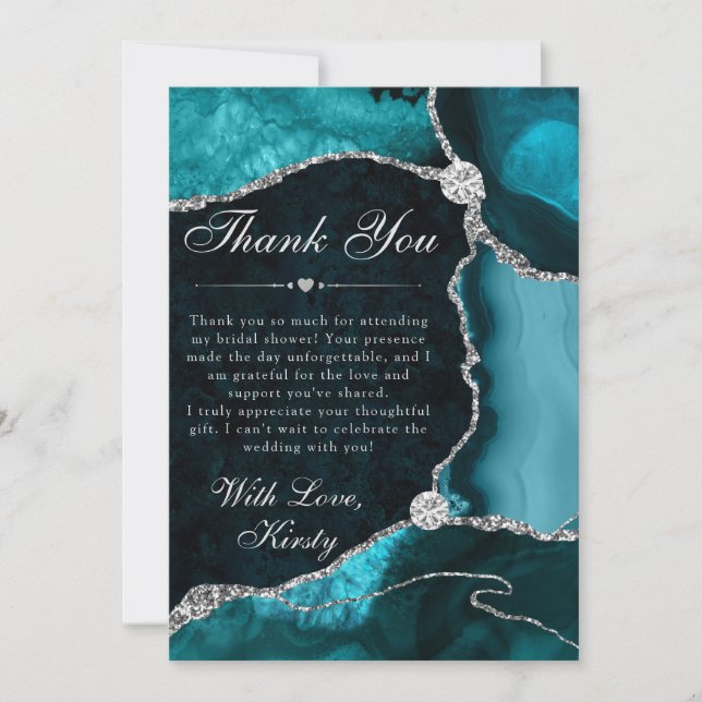 Tarjeta De Agradecimiento Teal and Silver Faux Glitter Agate Bridal Shower (Anverso)