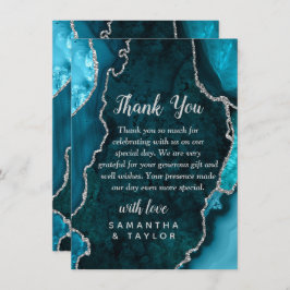 Tarjeta De Agradecimiento Teal Blue and Silver Agate Marble Wedding