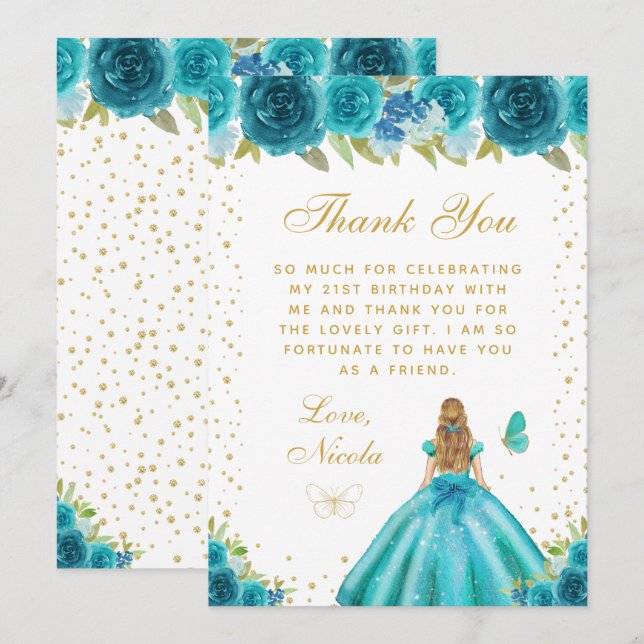 Tarjeta De Agradecimiento Teal Floral Blonde Hair Princess Birthday Party (Anverso / Reverso)