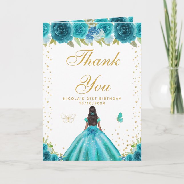 Tarjeta De Agradecimiento Teal Floral Dark Skin Girl Birthday (Anverso)