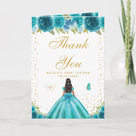 Tarjeta De Agradecimiento Teal Floral Dark Skin Girl Sweet Sixteen