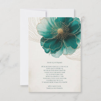 Tarjeta De Agradecimiento Teal Floral Gold Wedding Thank You 