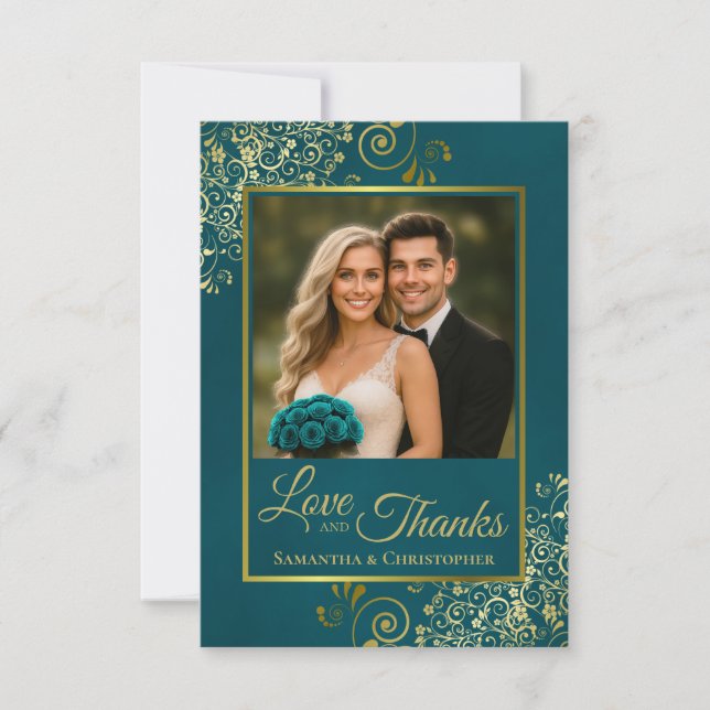 Tarjeta De Agradecimiento Teal & Gold Love & Thanks Photo & Note Wedding (Anverso)