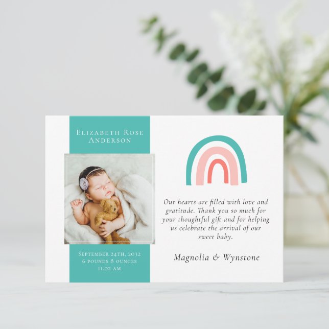 Tarjeta De Agradecimiento Teal Rainbow Photo New Baby  (Anverso de pie)
