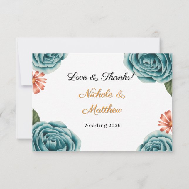 Tarjeta De Agradecimiento Teal Rose & Orange Daisy Wedding  (Anverso)