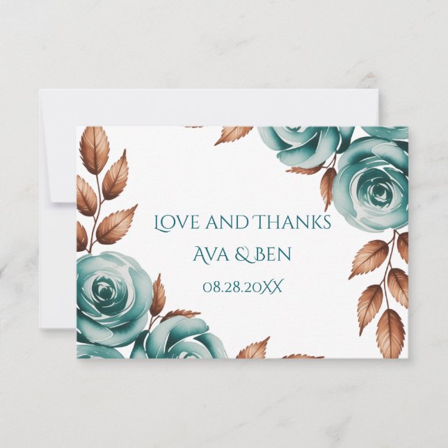Tarjeta De Agradecimiento Teal Roses and Bronze Leaves Wedding (Anverso)