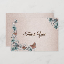 Tarjeta De Agradecimiento Teal Silver Floral Copper Butterfly Tan Wedding