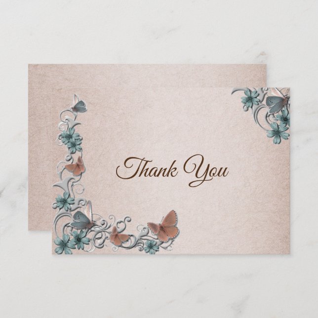 Tarjeta De Agradecimiento Teal Silver Floral Copper Butterfly Tan Wedding (Anverso / Reverso)