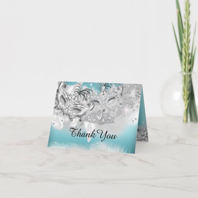 Tarjeta De Agradecimiento Teal & Silver Sparkle Masquerade Thank You Card (Anverso)