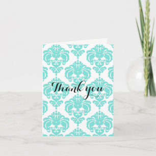 Tarjeta De Agradecimiento Teal & White Damask Chic Elegancia Moderna Agradec