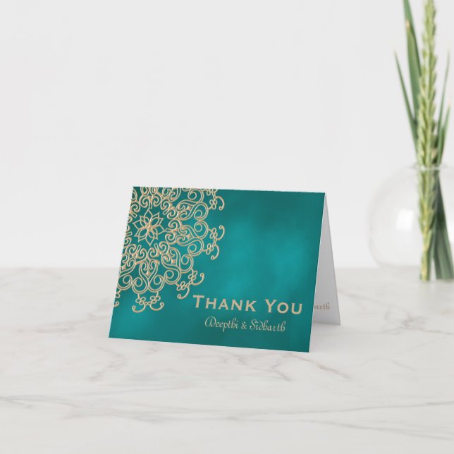 TARJETA DE AGRADECIMIENTO TEAL Y ORO ESTILO INDIANO DE BODAS GRACIAS (Anverso)