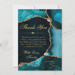 Tarjeta De Agradecimiento Teal y Oro Falso Brillo Ágata Cumpleaños 16