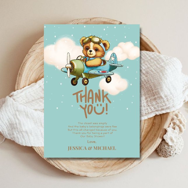 Tarjeta De Agradecimiento Teddy Bear Airplane Boy Bearly Wait Baby Shower (Teddy Bear Airplane Boy Bearly Wait Baby Shower Thank You Card)