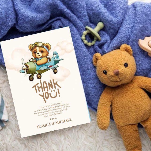 Tarjeta De Agradecimiento Teddy Bear Airplane Boy Bearly Wait Baby Shower (Subido por el creador)