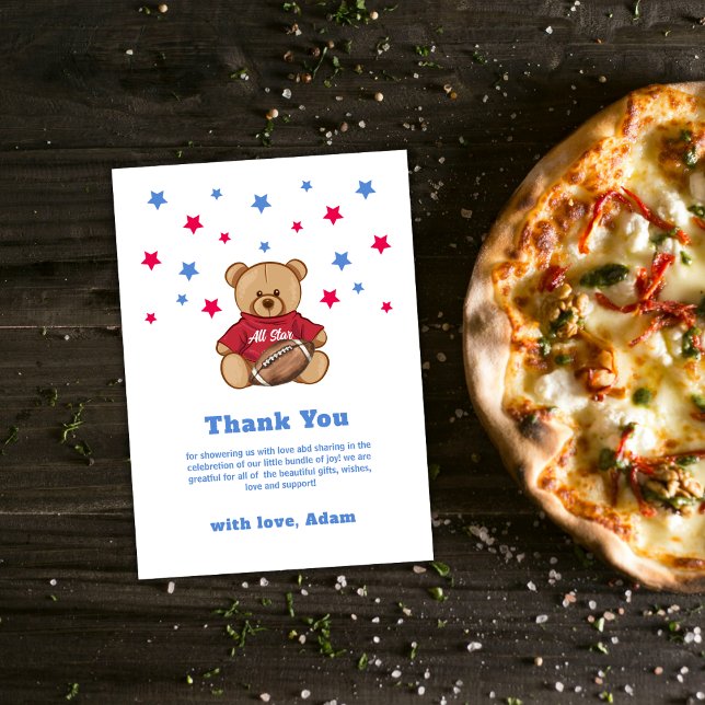 Tarjeta De Agradecimiento Teddy Bear All Star Football Sport Baby Shower  (Teddy Bear All Star Football Sport Baby Shower Thank You Card)